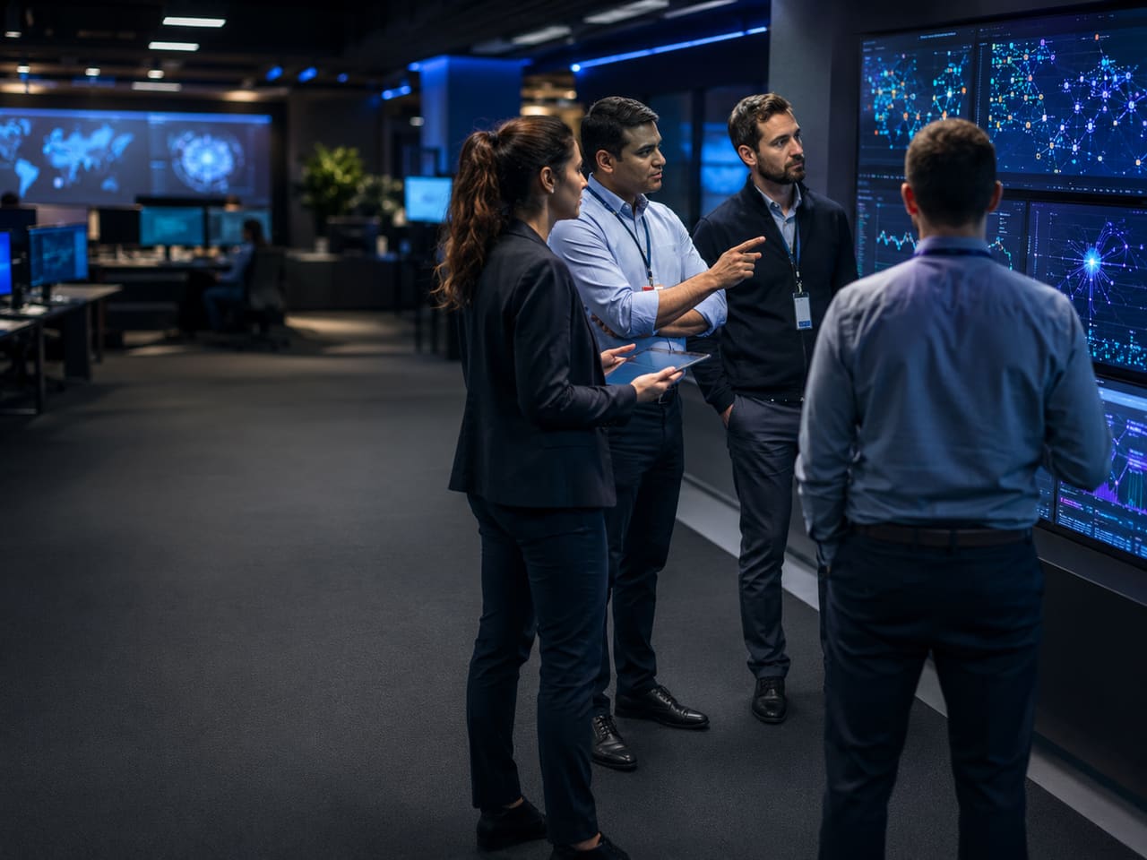 The RUTE Solutions team reviewing network operations dashboards together